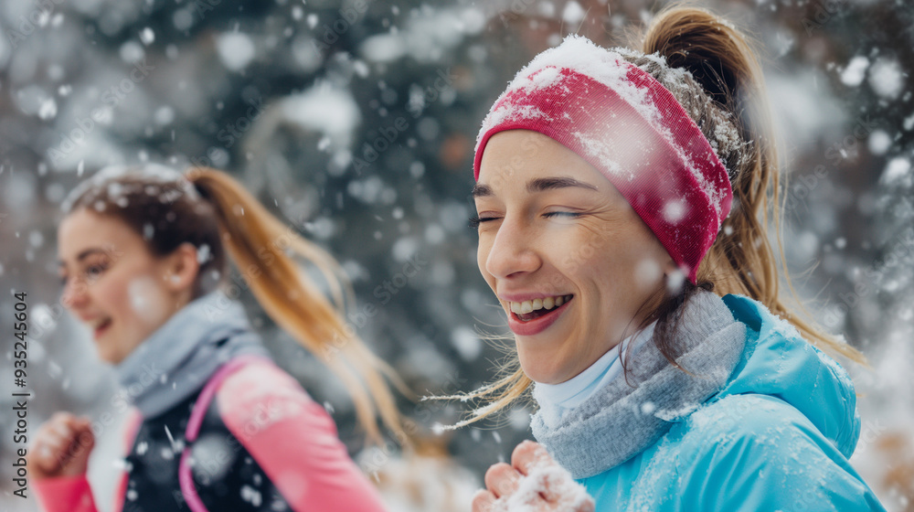 A joyful woman runs through falling snow, clearly enjoying her workout. She wears warm clothing, showcasing a bright smile on a bright winter day A joyful woman runs through falling snow, clearly enjoying her workout. She wears warm clothing, showcasing a bright smile on a bright winter day