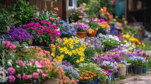 Wallpaper Mural A vibrant display of colorful flowers in pots, creating a picturesque garden scene. Torontodigital.ca