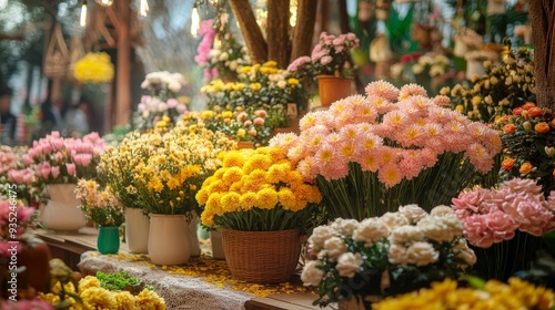 A vibrant flower market filled with colorful blooms in various arrangements, showcasing nature's beauty and diversity.