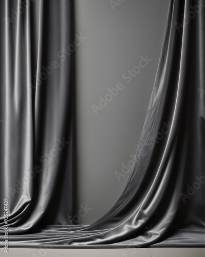 A Gray Themed Photo Studio Interior Background with Curtains and Furniture - Short Portrait