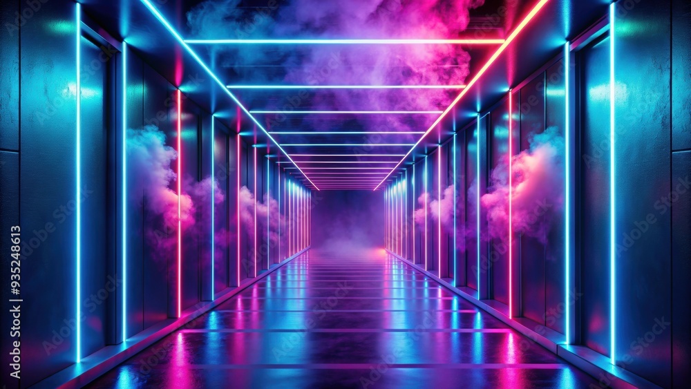 Futuristic neon-lit corridor with smoke, creating a surreal atmosphere, neon lights, futuristic, vibrant, smoky, corridor