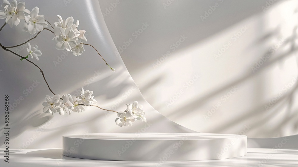 3. A minimalist cosmetic product presentation setup with a cylinder podium, decorated with pure white flowers and set against a backdrop of geometric shapes casting dynamic shadows, perfect for an 3. A minimalist cosmetic product presentation setup with a cylinder podium, decorated with pure white flowers and set against a backdrop of geometric shapes casting dynamic shadows, perfect for an