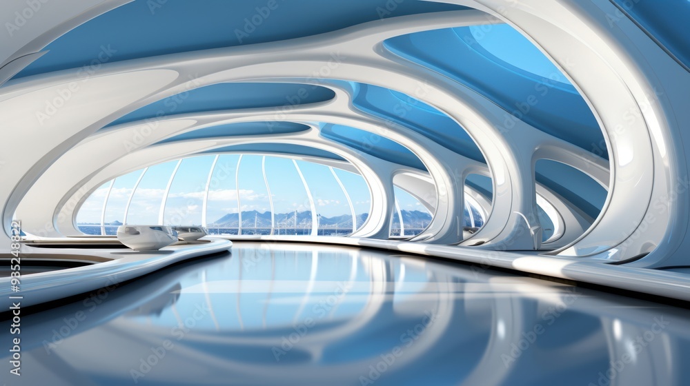 A futuristic indoor architectural scene featuring smooth designs with circular curves and hollow spaces A futuristic indoor architectural scene featuring smooth designs with circular curves and hollow spaces