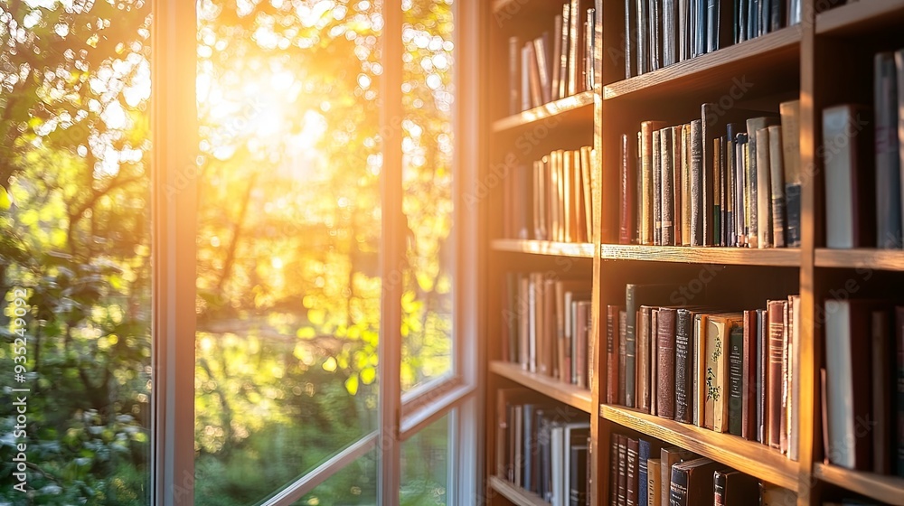 Sunlit Serenity: A tranquil library interior bathed in sunlight through towering windows, illuminating the shelves of books. Sunlit Serenity: A tranquil library interior bathed in sunlight through towering windows, illuminating the shelves of books.