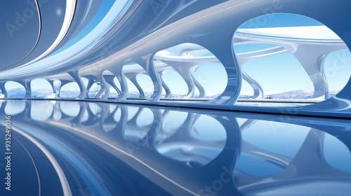 A futuristic indoor architectural scene featuring smooth designs with circular curves and hollow spaces