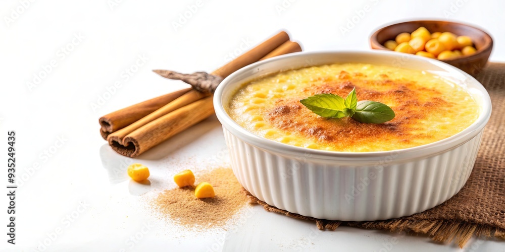 Isolated bowl with Brazilian dessert sweet corn pudding with cinnamon powder on background mungunz? dessert, bowl Isolated bowl with Brazilian dessert sweet corn pudding with cinnamon powder on background mungunz? dessert, bowl