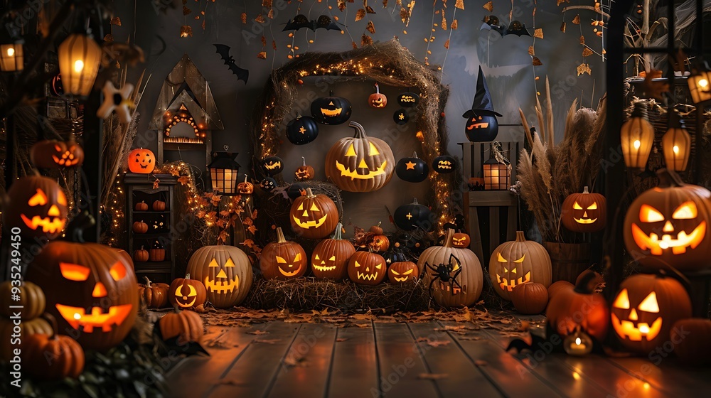 Halloween brand platform scene display with pumpkin backdrop