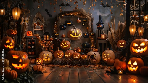 Obraz na płótnie Halloween brand platform scene display with pumpkin backdrop w salonie