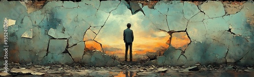 Broken Reflections scene where figure stands before mirror but their reflection fragmented into dozens of distorted pieces each one showing different aspect of their psyche colors are muted and cold