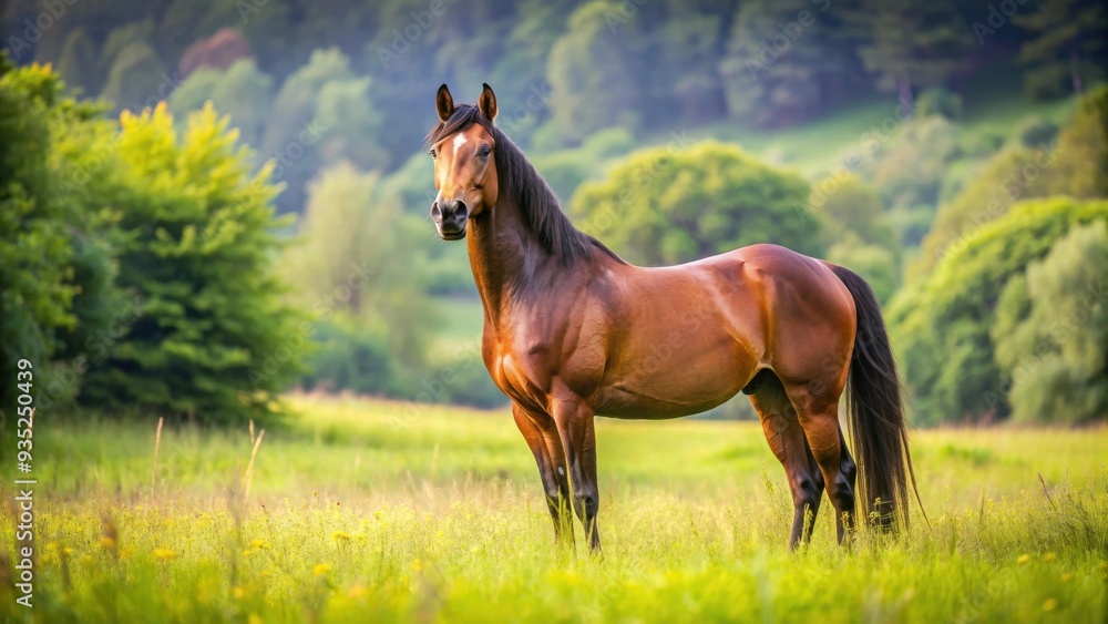Fototapeta premium Beautiful brown horse standing elegantly in a lush meadow , horse, meadow, grass, nature, animal, mane, tail, outdoors