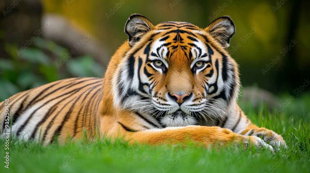 A majestic tiger resting on lush green grass, showcasing its striking orange and black stripes. A majestic tiger resting on lush green grass, showcasing its striking orange and black stripes.