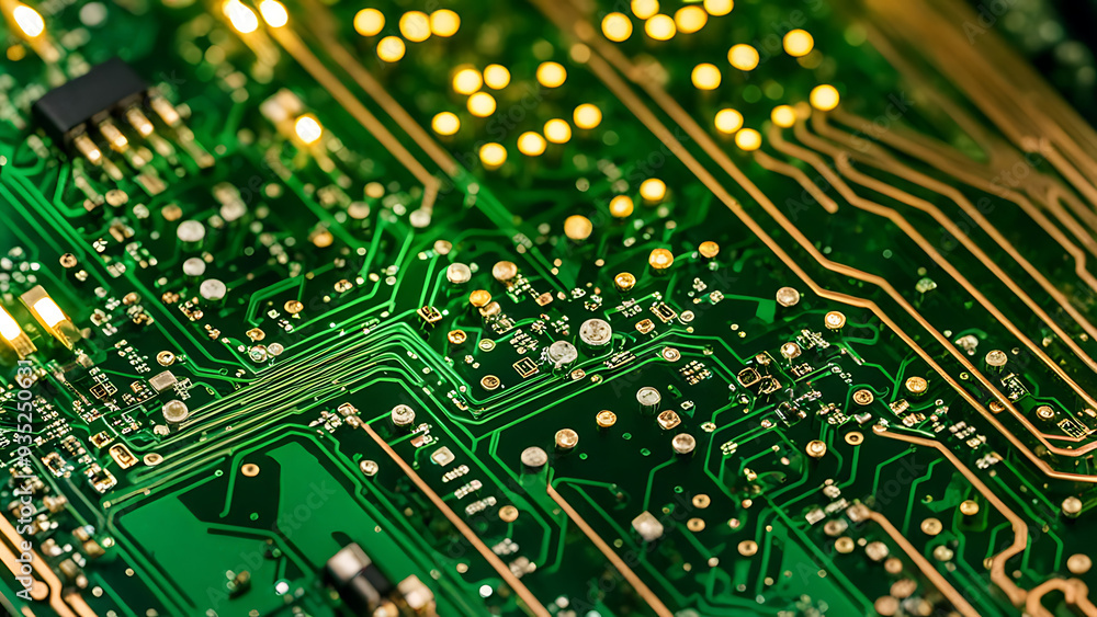 Obraz premium Close-up of a copper circuit trace on a PCB with tiny components like resistors and capacitors, illuminated by soft ambient lighting.
