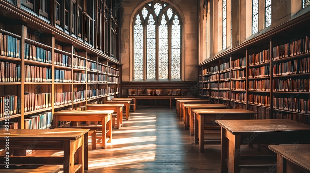 Sunlit Serenity: A tranquil library interior bathed in sunlight through towering windows, illuminating the shelves of books. Sunlit Serenity: A tranquil library interior bathed in sunlight through towering windows, illuminating the shelves of books.
