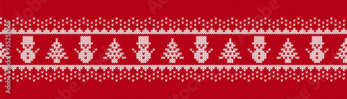 Fair isle ornament with christmas trees and snowmen. Festive Xmas ugly elements. Christmas knit seamless pattern. Sweater xmas border. Knitted print. Vector illustration