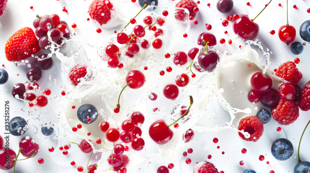 Fresh wild berries are mixed with milk mm in a blender. Berry smoothie. Milkshake. Strawberries, blueberries, cherries, raspberries and red currants fall into the milk. The concept of freshness Fresh wild berries are mixed with milk mm in a blender. Berry smoothie. Milkshake. Strawberries, blueberries, cherries, raspberries and red currants fall into the milk. The concept of freshness