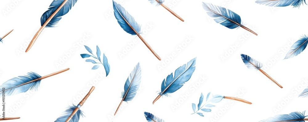 Fototapeta premium A seamless watercolor illustration of blue boho arrows and feathers with a tribal pattern, set against a white background. 
