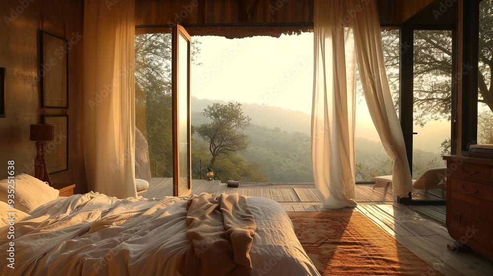 A wonderful bedroom with an amazing view. Luxury and peace in one. Generated by AI A wonderful bedroom with an amazing view. Luxury and peace in one. Generated by AI
