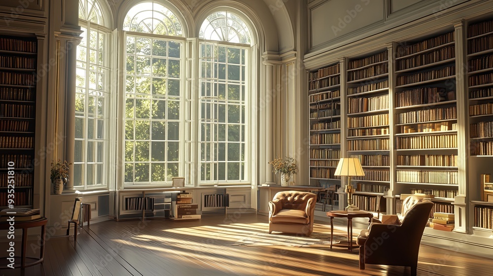 Sunlit Serenity: A tranquil library interior bathed in sunlight through towering windows, illuminating the shelves of books. Sunlit Serenity: A tranquil library interior bathed in sunlight through towering windows, illuminating the shelves of books.