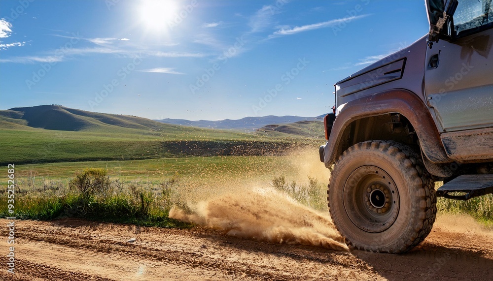 Rugged Truck Wheels in Action: Kicking Up Dust on a Scenic Dirt Path Rugged Truck Wheels in Action: Kicking Up Dust on a Scenic Dirt Path