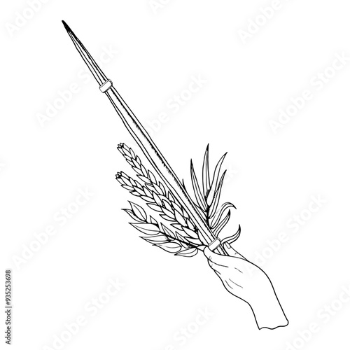 Hand holding Lulav line ink vector illustration in black and white for Jewish Sukkot holiday. Man's hand with traditional plants of palm leaf, myrtle, willow