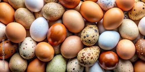 Close-up of a variety of eggs with different colors and sizes, breakfast, cooking, organic, farm fresh, protein, healthy
