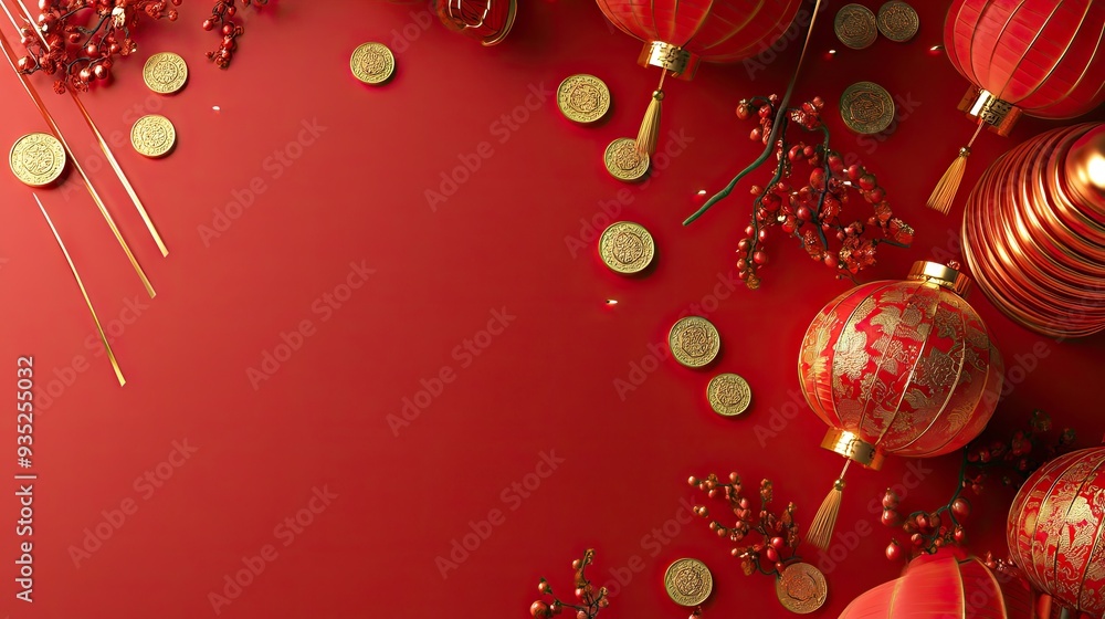 Fototapeta premium Red and gold Chinese New Year decorations with space for copy, featuring lanterns, coins, and firecrackers.