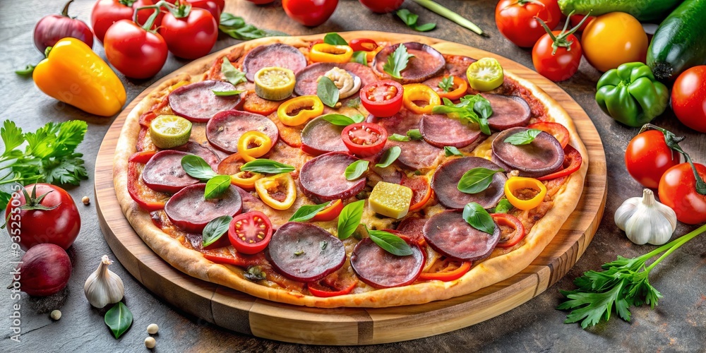 Plato de pizza de carne salami y vegetales con ingredientes frescos y coloridos, pizza, carne, salami, vegetales, ingredientes Plato de pizza de carne salami y vegetales con ingredientes frescos y coloridos, pizza, carne, salami, vegetales, ingredientes