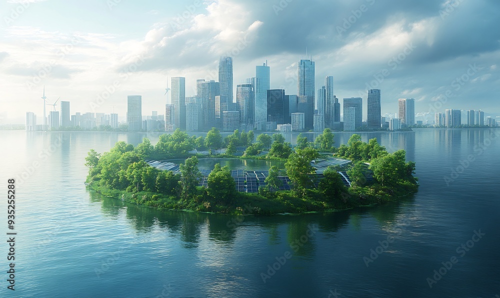 Obraz premium Cities floating above rising sea levels powered solar panels and wind turbines showing how we can adapt to the challenges of Climate Change