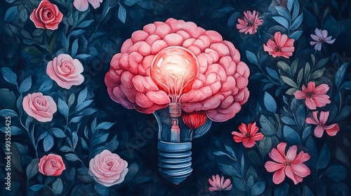 A light bulb shaped brain surrounded by flowers, representing new ideas. photo