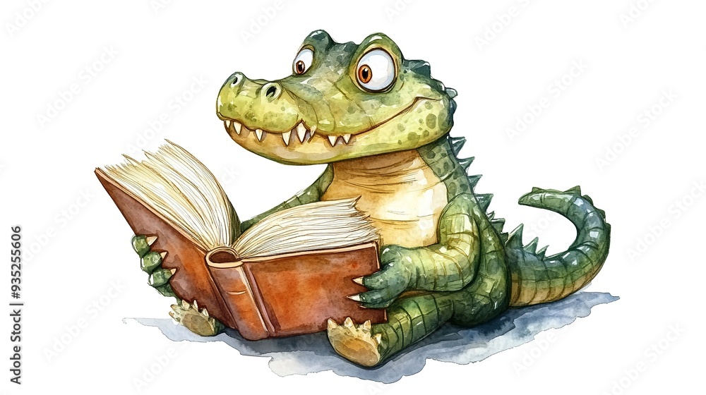 Fototapeta premium Adorable, clever watercolor crocodile reading a book, character illustration isolated on a white background