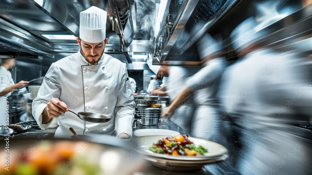Chef preparing gourmet dish in busy professional kitchen Chef preparing gourmet dish in busy professional kitchen