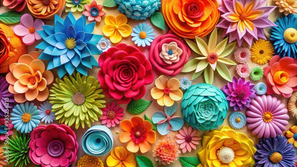 Vibrant array of paper flowers in craft style background , paper flowers, vibrant, colorful, craft, blooming, wall decor Vibrant array of paper flowers in craft style background , paper flowers, vibrant, colorful, craft, blooming, wall decor
