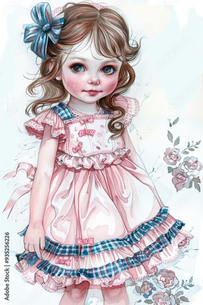 Fototapeta premium A lovely little girl in a retro pink dress, surrounded by blooming flowers on a white canvas, evoking the beauty of spring.