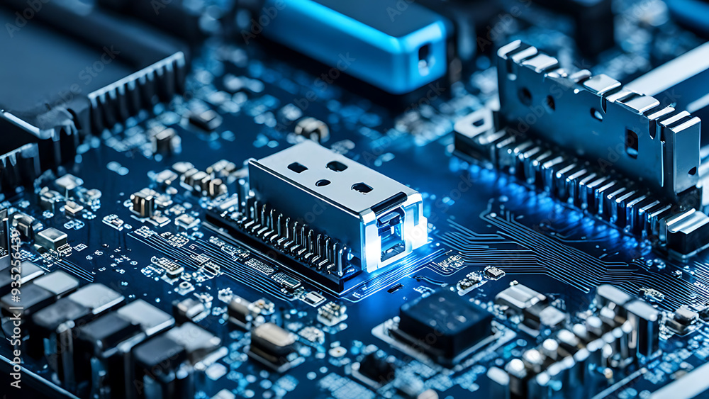 Macro shot of a USB connector port on a motherboard, showcasing the intricate metal pins and surrounding circuits with a soft blue glow. Macro shot of a USB connector port on a motherboard, showcasing the intricate metal pins and surrounding circuits with a soft blue glow.