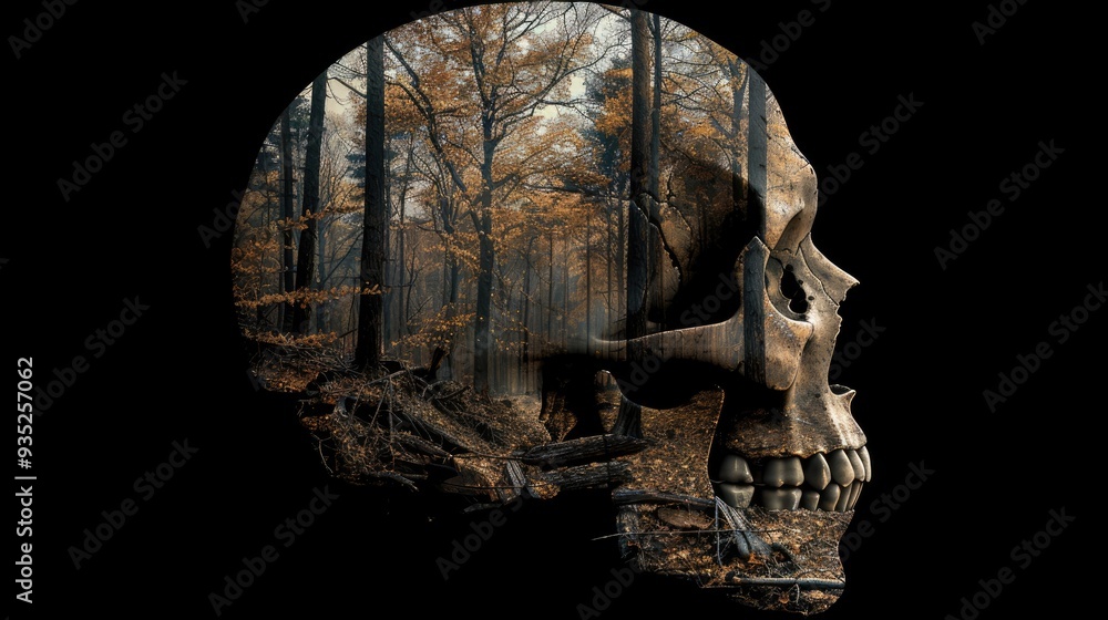 A skull emerging from a forest, symbolizing the transition from life to death.