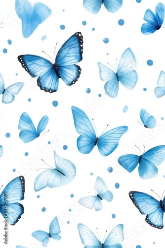 A seamless watercolor illustration of boho blue butterflies with an ethereal pattern, set against a white background.