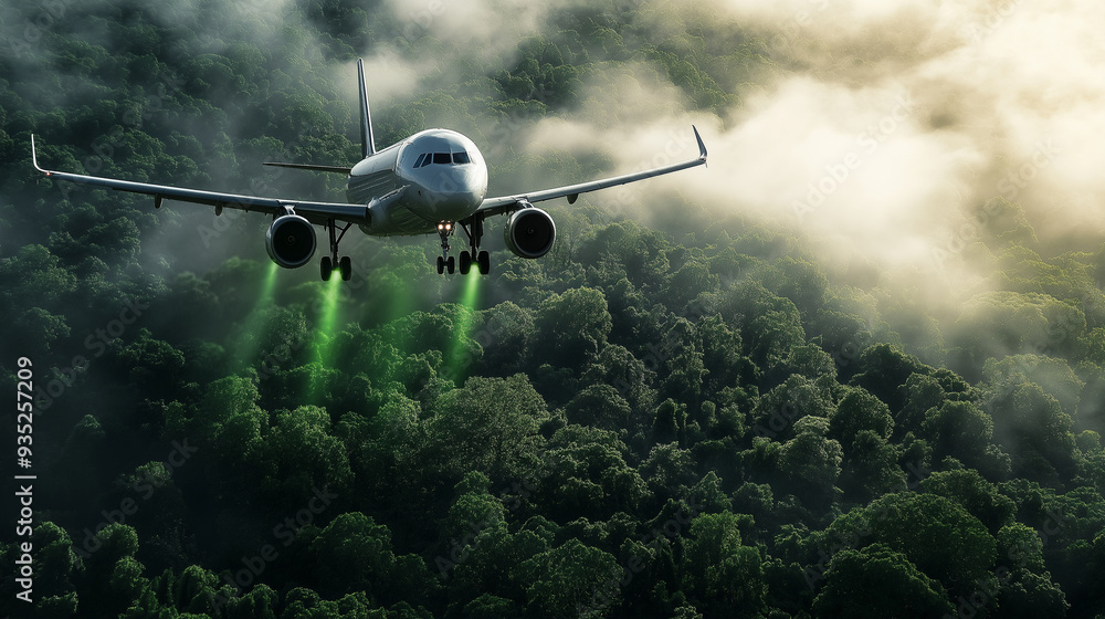 Fototapeta premium A plane in mid-flight, with green energy waves emanating from its engines, flying over a lush forest, symbolizing the use of sustainable fuel in aviation