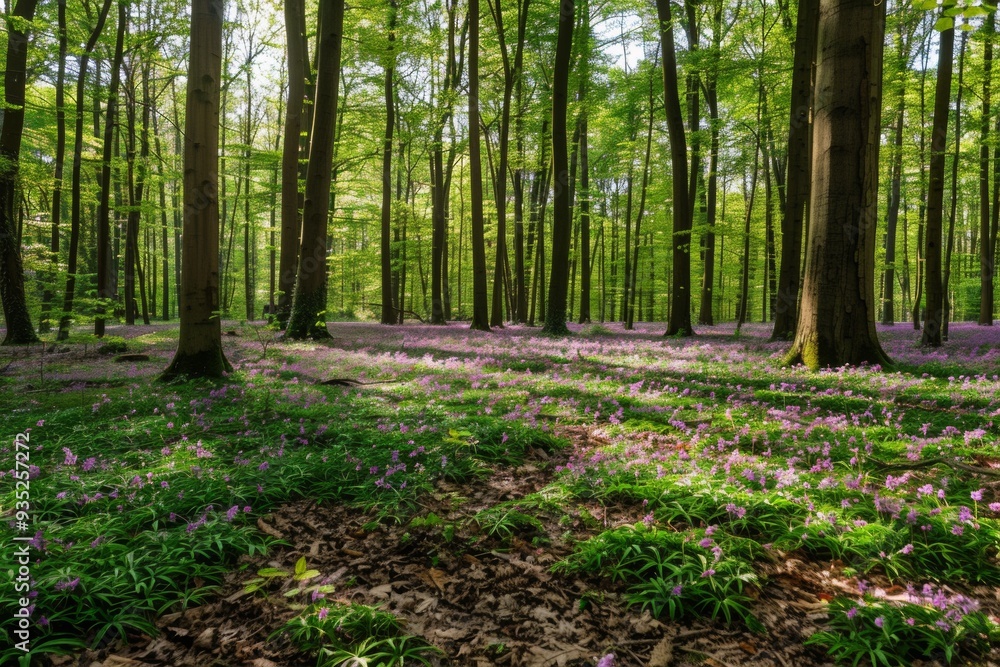 A tranquil spring forest with tall trees and a carpet of blooming wildflowers, bathed in soft sunlight filtering through the canopy A tranquil spring forest with tall trees and a carpet of blooming wildflowers, bathed in soft sunlight filtering through the canopy