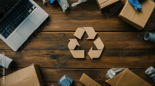 A close-up of assorted paper and cardboard materials with recycling symbols, arranged in an organized pile against a minimalist background, symbolizing sustainable practices photo