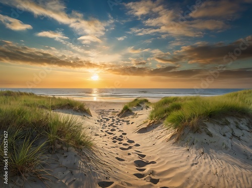 Seaside landscape in the evening with son on horizon, footsteps on a shores of beach to the water. cloudscape sky