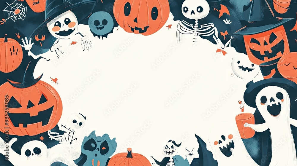Whimsical Halloween characters like a happy skeleton, vampire, and ghost surrounding a clear area for text. Whimsical Halloween characters like a happy skeleton, vampire, and ghost surrounding a clear area for text.