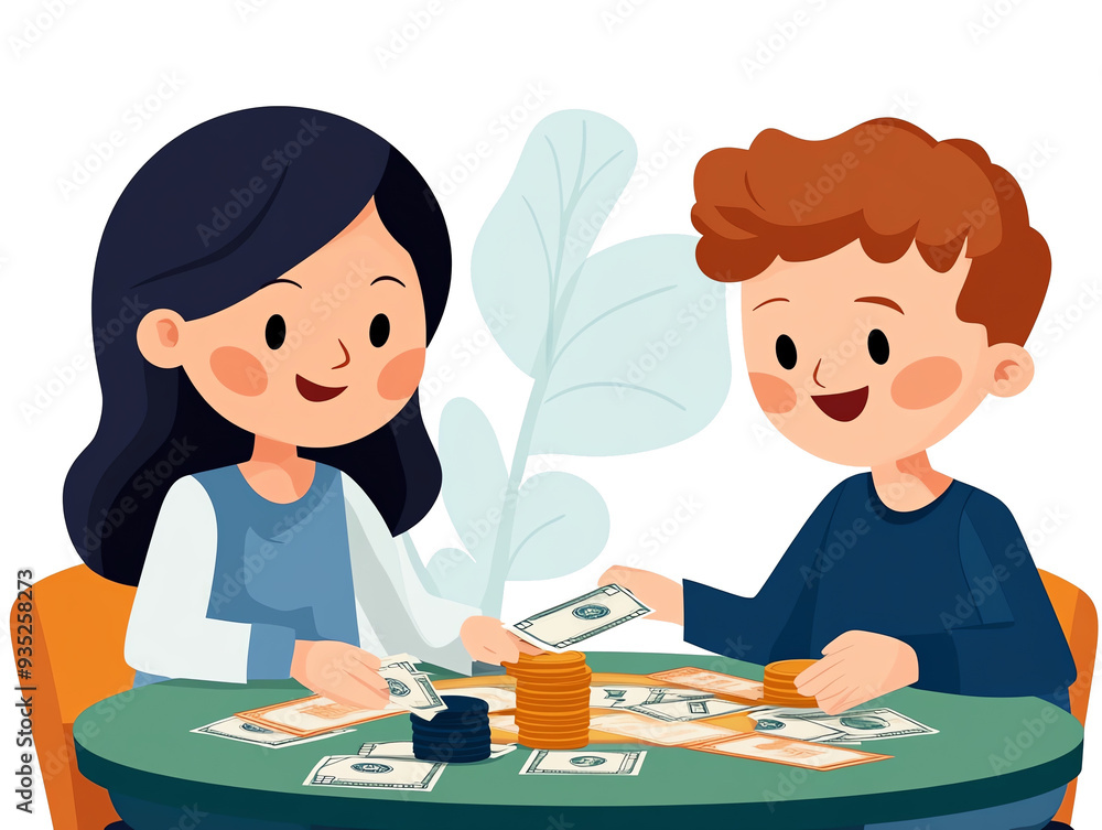 Kids playing a board game about money, educational elements, flat design illustration, transparent background Kids playing a board game about money, educational elements, flat design illustration, transparent background