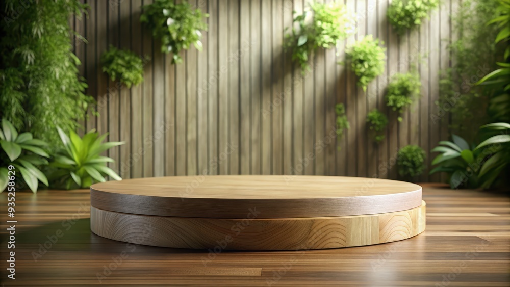 Wooden Podium With Green Plants Background Wooden Podium With Green Plants Background