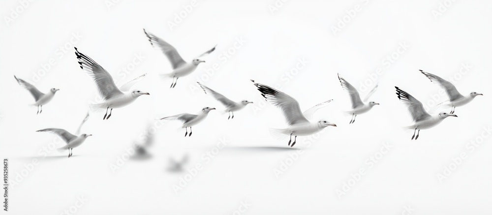 Fototapeta premium Seagulls in Flight Against a White Background