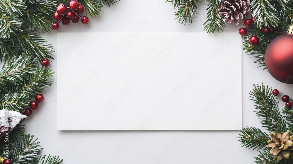 Blank white card surrounded by Christmas decorations with pine branches, red ornaments, and pinecones on a white background. Blank white card surrounded by Christmas decorations with pine branches, red ornaments, and pinecones on a white background.