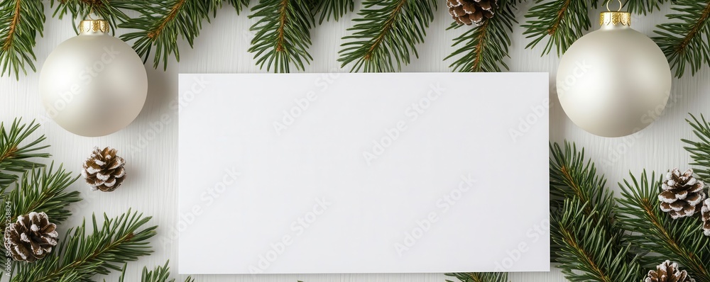 Blank white card surrounded by festive fir branches, pinecones, and white ornaments, perfect for Christmas or holiday greetings. Blank white card surrounded by festive fir branches, pinecones, and white ornaments, perfect for Christmas or holiday greetings.