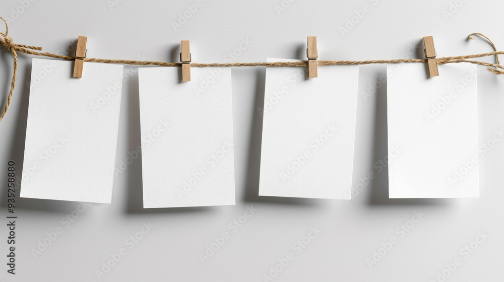 White blank photo cards on a clothesline with a wooden clip are isolated against a white background. White blank photo cards on a clothesline with a wooden clip are isolated against a white background.