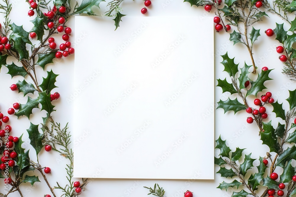 Fototapeta premium Blank white paper surrounded by holly leaves and berries, perfect for a festive Christmas or holiday greeting card or message.