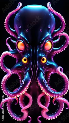 Neon octopus emblem with vibrant blue and pink colors stands against a solid black background, showcasing its tentacles and intense facial features, creating a bold visual impact. Generative AI photo