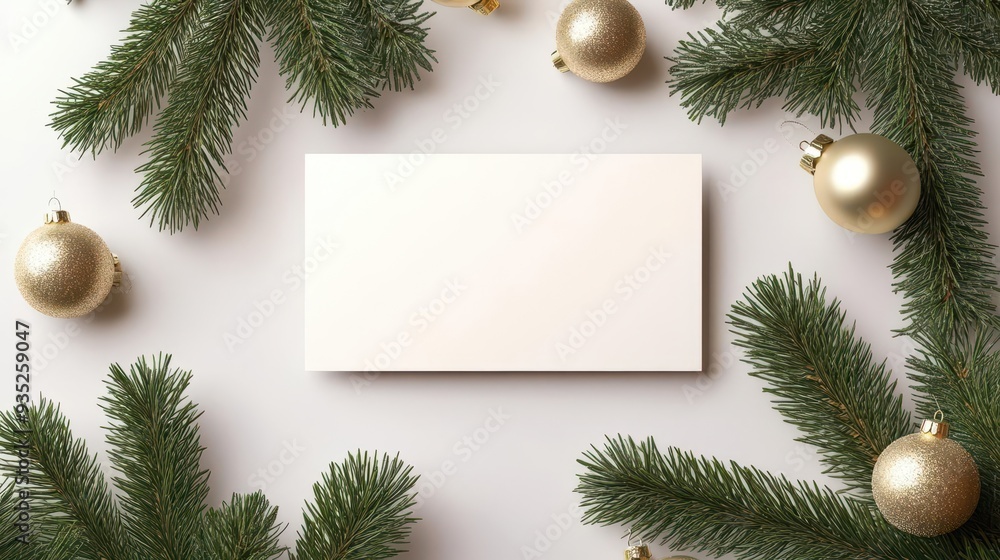Christmas greeting card mockup with blank white card, fir branches, and gold ornaments, perfect for holiday season designs. Christmas greeting card mockup with blank white card, fir branches, and gold ornaments, perfect for holiday season designs.